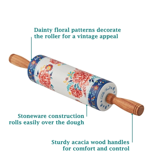 ❤️ New Pioneer Woman Keepsake Floral Ceramic Rolling Pin with Holder - Picture 2 of 8